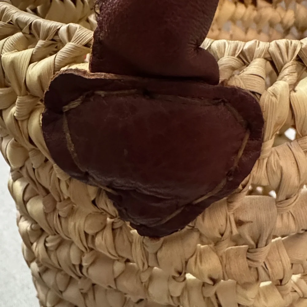 Natural Material Basket With Handles-Open Weave-Brown Faux Leather Handle-GUC